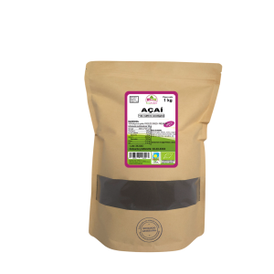 Bolsa de 1kg de Açai en polvo de la marca EcoAndes. El envase es de papel kraft con ventana transparente que muestra el contenido, etiqueta frontal con información nutricional, certificaciones ecológicas, sin gluten y sello de "envasado artesanal".