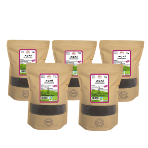 5 Bolsas de 1kg de Açai en polvo de la marca EcoAndes. El envase es de papel kraft con ventana transparente que muestra el contenido, etiqueta frontal con información nutricional, certificaciones ecológicas, sin gluten y sello de "envasado artesanal".
