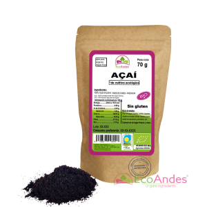 Bolsa de 70g de Açai en polvo de la marca EcoAndes. El envase es de papel kraft con ventana transparente que muestra el contenido, etiqueta frontal con información nutricional, certificaciones ecológicas, sin gluten y sello de "envasado artesanal".