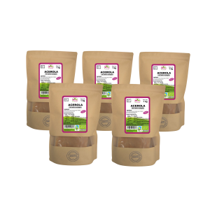 5 Bolsas de 1kg de Acerola de la marca EcoAndes. El envase es de papel kraft con ventana transparente que muestra el contenido, etiqueta frontal con información nutricional, certificaciones ecológicas, sin gluten y sello de "envasado artesanal".