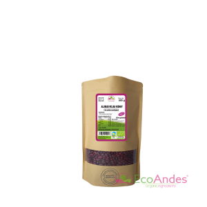 Bolsa de 500g con contenido de Alubias rojas kidney de la marca EcoAndes. El envase es de papel kraft con ventana transparente que muestra el contenido, etiqueta frontal con información nutricional, certificaciones ecológicas, sin gluten y sello de "envasado artesanal".