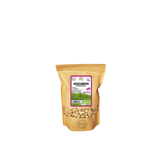 Bolsa de 100g de Anacardos de la marca EcoAndes. El envase es de papel kraft con ventana transparente que muestra el contenido, etiqueta frontal con información nutricional, certificaciones ecológicas, sin gluten y sello de "envasado artesanal".
