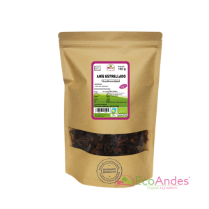 Bolsa de 100 g de anís estrellado orgánico de la marca EcoAndes. El envase es de papel kraft con ventana transparente que muestra el contenido, etiqueta frontal con información nutricional, certificaciones ecológicas, sin gluten y sello de "envasado artesanal".