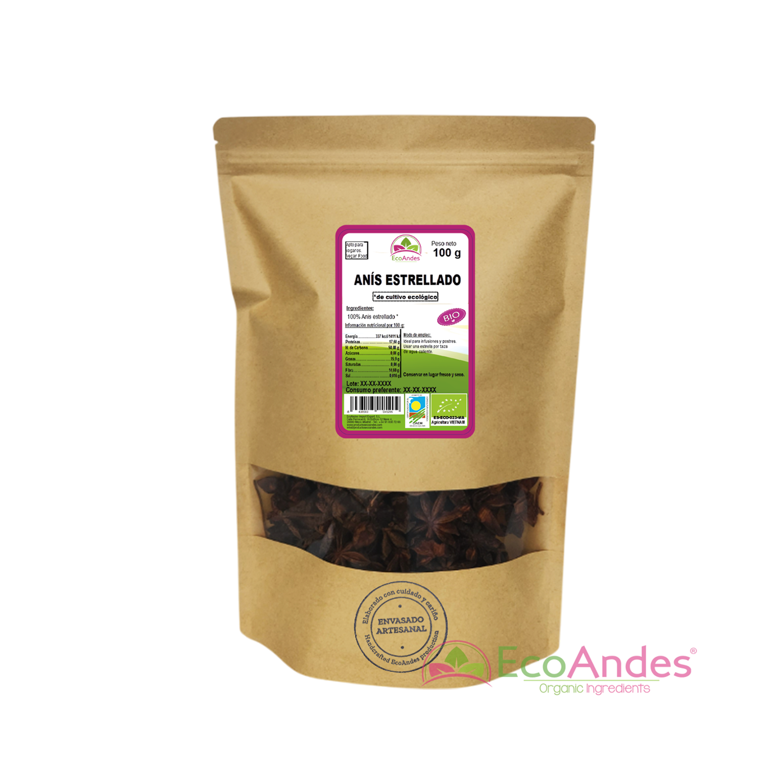 Bolsa de 100 g de anís estrellado orgánico de la marca EcoAndes. El envase es de papel kraft con ventana transparente que muestra el contenido, etiqueta frontal con información nutricional, certificaciones ecológicas, sin gluten y sello de "envasado artesanal".