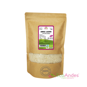 Bolsa de 1 kg de arroz jazmín blanco orgánico de la marca EcoAndes. El envase es de papel kraft con ventana transparente que muestra el contenido, etiqueta frontal con información nutricional, certificaciones ecológicas, sin gluten y sello de "envasado artesanal".