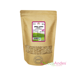 Bolsa de 500 g de arroz jazmín integral orgánico de la marca EcoAndes. El envase es de papel kraft con ventana transparente que muestra el contenido, etiqueta frontal con información nutricional, certificaciones ecológicas, sin gluten y sello de "envasado artesanal".