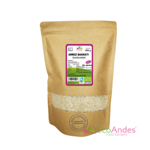 Bolsa de 500 g de arroz basmati blanco orgánico de la marca EcoAndes. El envase es de papel kraft con ventana transparente que muestra el contenido, etiqueta frontal con información nutricional, certificaciones ecológicas, sin gluten y sello de "envasado artesanal".