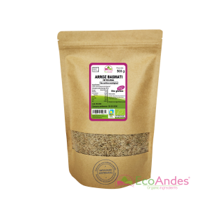 Bolsa de 500 g de arroz basmati integral orgánico de la marca EcoAndes. El envase es de papel kraft con ventana transparente que muestra el contenido, etiqueta frontal con información nutricional, certificaciones ecológicas, sin gluten y sello de "envasado artesanal".