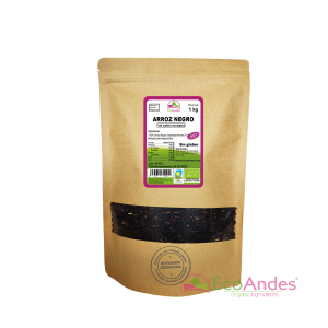 Bolsa de 1 kg de arroz negro orgánico de la marca EcoAndes. El envase es de papel kraft con ventana transparente que muestra el contenido, etiqueta frontal con información nutricional, certificaciones ecológicas, sin gluten y sello de "envasado artesanal".