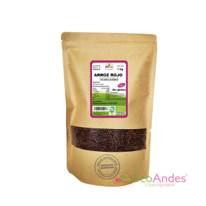 Bolsa de 1 kg de arroz rojo orgánico de la marca EcoAndes. El envase es de papel kraft con ventana transparente que muestra el contenido, etiqueta frontal con información nutricional, certificaciones ecológicas, sin gluten y sello de "envasado artesanal".
