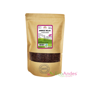 Bolsa de 500 g de arroz rojo orgánico de la marca EcoAndes. El envase es de papel kraft con ventana transparente que muestra el contenido, etiqueta frontal con información nutricional, certificaciones ecológicas, sin gluten y sello de "envasado artesanal".