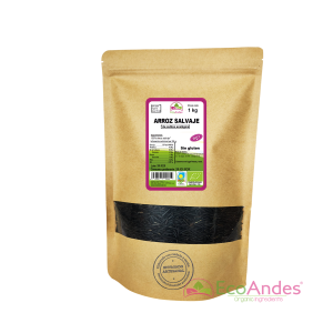 Bolsa de 1 kg de arroz salvaje orgánico de la marca EcoAndes. El envase es de papel kraft con ventana transparente que muestra el contenido, etiqueta frontal con información nutricional, certificaciones ecológicas, sin gluten y sello de "envasado artesanal".