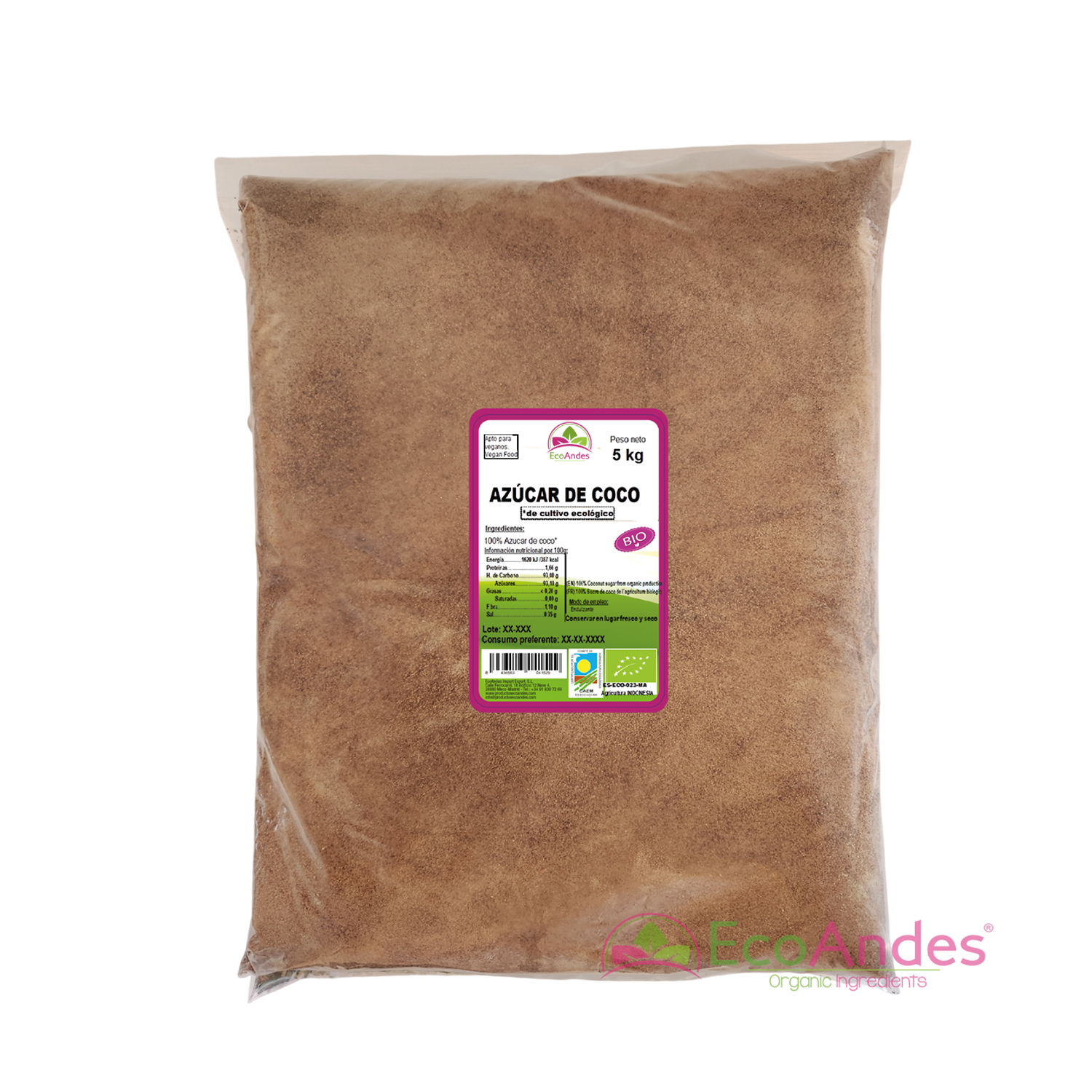 Una bolsa transparente con cierre zip con contenido de Azúcar de coco de 5 kg, El empaque muestra una etiqueta con información del producto, certificaciones ecológicas y envasado artesanal.