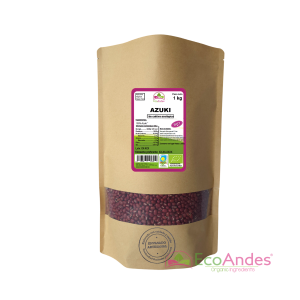 Bolsa de 1kg con contenido de Azuki de la marca EcoAndes. El envase es de papel kraft con ventana transparente que muestra el contenido, etiqueta frontal con información nutricional, certificaciones ecológicas, sin gluten y sello de "envasado artesanal".