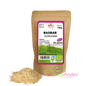 Bolsa de 100g de Baobab en polvo de la marca EcoAndes. El envase es de papel kraft con ventana transparente que muestra el contenido, etiqueta frontal con información nutricional, certificaciones ecológicas, sin gluten y sello de "envasado artesanal".