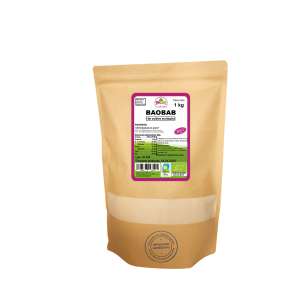 Bolsa de 1kg de Baobab en polvo de la marca EcoAndes. El envase es de papel kraft con ventana transparente que muestra el contenido, etiqueta frontal con información nutricional, certificaciones ecológicas, sin gluten y sello de "envasado artesanal".