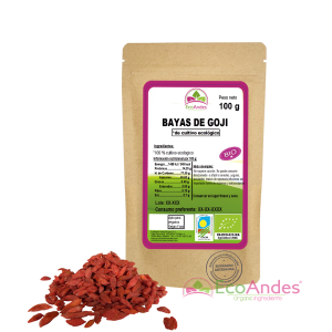Bolsa de 100g con contenido de Bayas de goji de la marca EcoAndes. El envase es de papel kraft con ventana transparente que muestra el contenido, etiqueta frontal con información nutricional, certificaciones ecológicas, sin gluten y sello de "envasado artesanal".