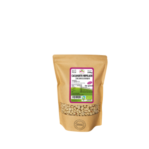 Bolsa de 250g de Cacahuete repelado de la marca EcoAndes. El envase es de papel kraft con ventana transparente que muestra el contenido, etiqueta frontal con información nutricional, certificaciones ecológicas, sin gluten y sello de "envasado artesanal".