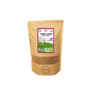 Bolsa de 1kg de Camu camu en polvo de la marca EcoAndes. El envase es de papel kraft con ventana transparente que muestra el contenido, etiqueta frontal con información nutricional, certificaciones ecológicas, sin gluten y sello de "envasado artesanal".