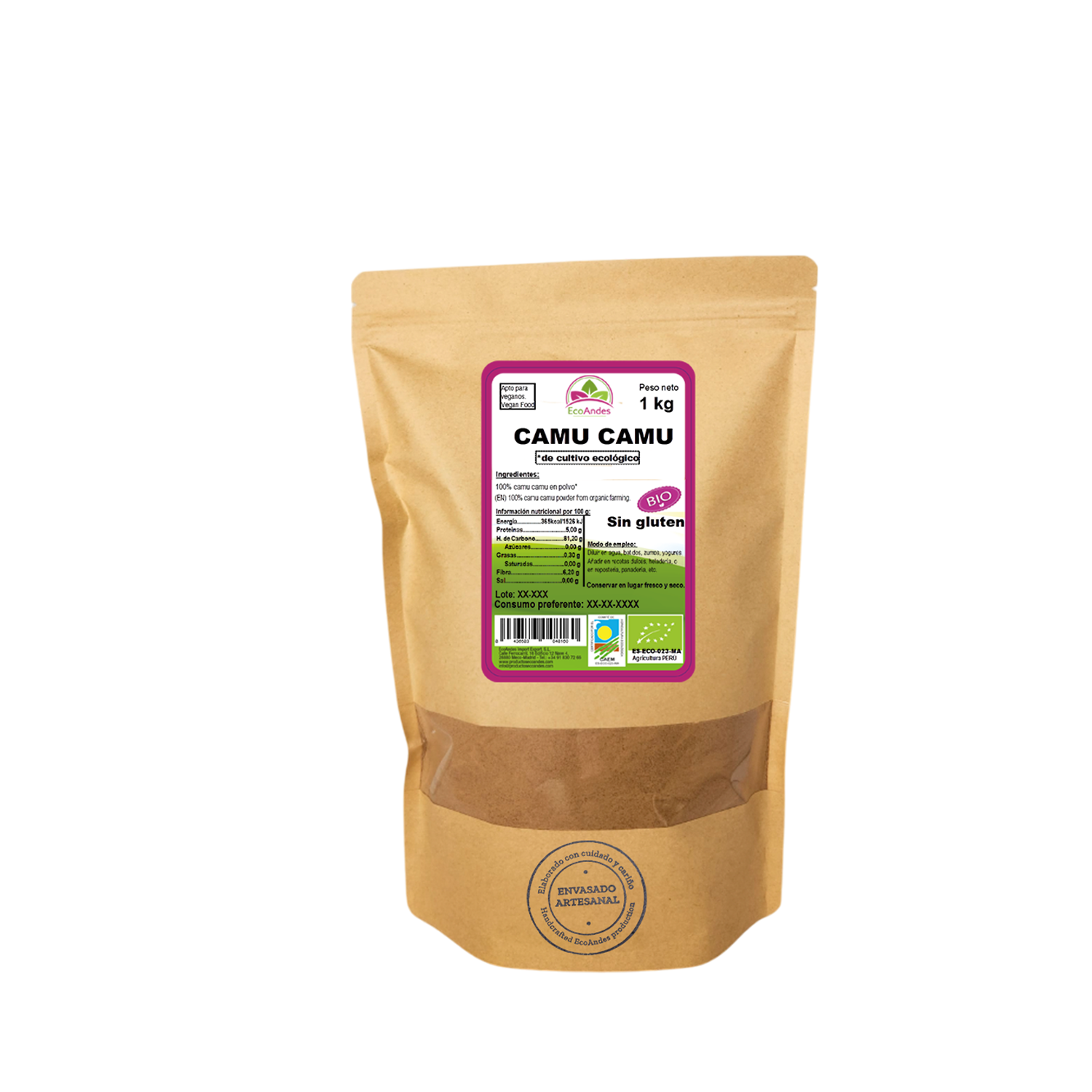 Bolsa de 1kg de Camu camu en polvo de la marca EcoAndes. El envase es de papel kraft con ventana transparente que muestra el contenido, etiqueta frontal con información nutricional, certificaciones ecológicas, sin gluten y sello de "envasado artesanal".