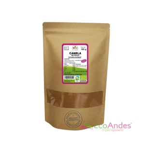 Bolsa de 100 g de canela en polvo orgánica de la marca EcoAndes. El envase es de papel kraft con ventana transparente que muestra el contenido, etiqueta frontal con información nutricional, certificaciones ecológicas, sin gluten y sello de "envasado artesanal".
