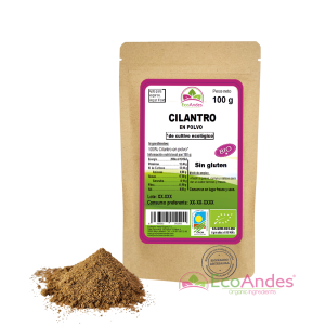Bolsa de 100g de Cilantro en polvo de la marca EcoAndes. El envase es de papel kraft con ventana transparente que muestra el contenido, etiqueta frontal con información nutricional, certificaciones ecológicas, sin gluten y sello de "envasado artesanal".