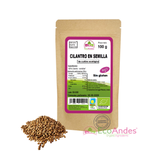 Bolsa de 100g de Cilantro en semillas de la marca EcoAndes. El envase es de papel kraft con ventana transparente que muestra el contenido, etiqueta frontal con información nutricional, certificaciones ecológicas, sin gluten y sello de "envasado artesanal".