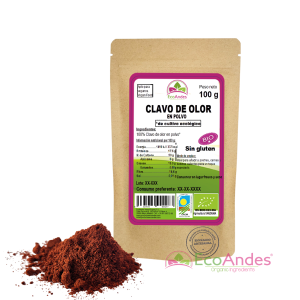 Bolsa de 100g de Clavo de olor en polvo de la marca EcoAndes. El envase es de papel kraft con ventana transparente que muestra el contenido, etiqueta frontal con información nutricional, certificaciones ecológicas, sin gluten y sello de "envasado artesanal".