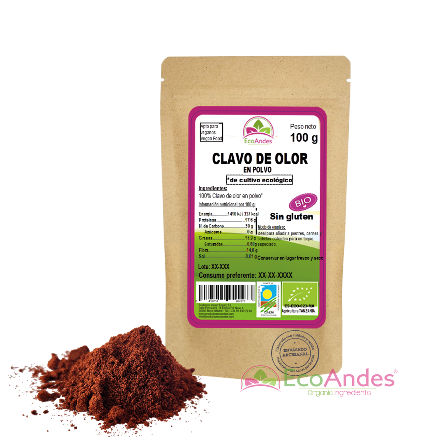 Bolsa de 100g de Clavo de olor en polvo de la marca EcoAndes. El envase es de papel kraft con ventana transparente que muestra el contenido, etiqueta frontal con información nutricional, certificaciones ecológicas, sin gluten y sello de "envasado artesanal".