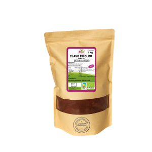 Bolsa de 1kg de Clavo de olor en polvo de la marca EcoAndes. El envase es de papel kraft con ventana transparente que muestra el contenido, etiqueta frontal con información nutricional, certificaciones ecológicas, sin gluten y sello de "envasado artesanal".