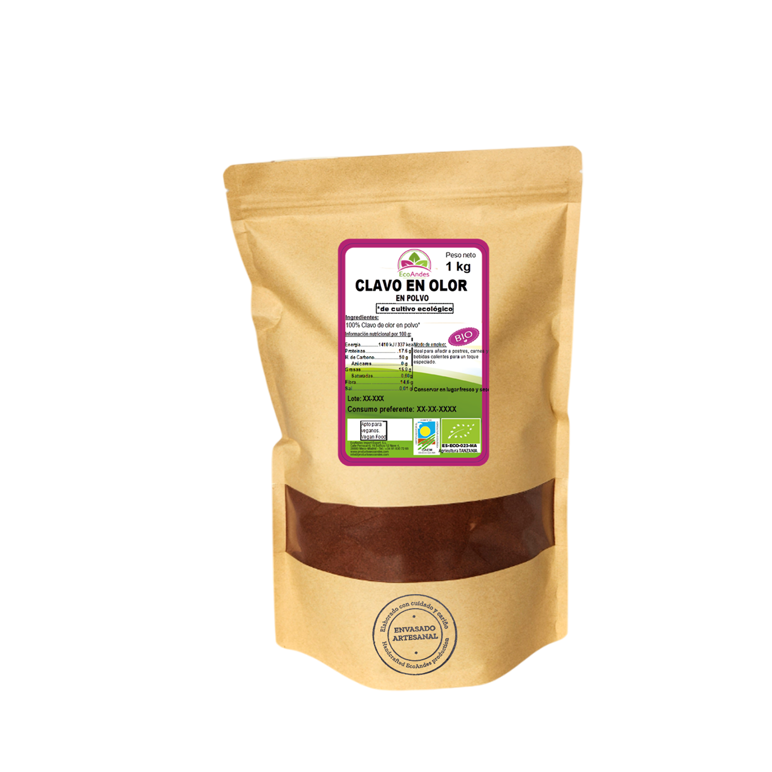 Bolsa de 1kg de Clavo de olor en polvo de la marca EcoAndes. El envase es de papel kraft con ventana transparente que muestra el contenido, etiqueta frontal con información nutricional, certificaciones ecológicas, sin gluten y sello de "envasado artesanal".