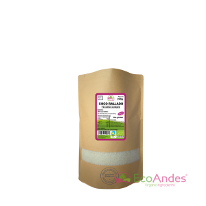 Bolsa de 250g con contenido de Coco rallado de la marca EcoAndes. El envase es de papel kraft con ventana transparente que muestra el contenido, etiqueta frontal con información nutricional, certificaciones ecológicas, sin gluten y sello de "envasado artesanal".
