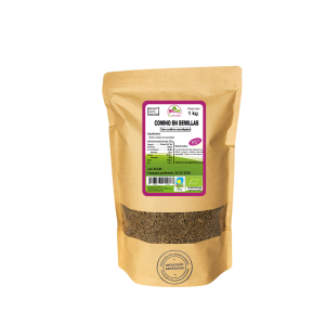Bolsa de 1kg de Comino en semillas de la marca EcoAndes. El envase es de papel kraft con ventana transparente que muestra el contenido, etiqueta frontal con información nutricional, certificaciones ecológicas, sin gluten y sello de "envasado artesanal".