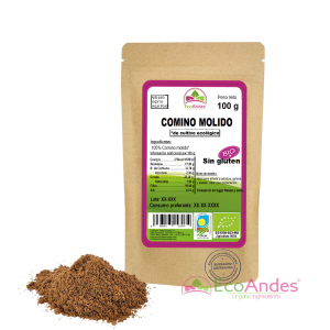 Bolsa de 100g de Comino molido de la marca EcoAndes. El envase es de papel kraft con ventana transparente que muestra el contenido, etiqueta frontal con información nutricional, certificaciones ecológicas, sin gluten y sello de "envasado artesanal".