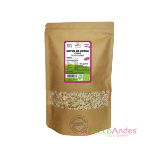 Bolsa de 1 kg de orgánico de Copos de avena finos la marca EcoAndes. El envase es de papel kraft con ventana transparente que muestra el contenido, etiqueta frontal con información nutricional, certificaciones ecológicas, sin gluten y sello de "envasado artesanal"