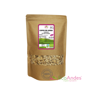 Bolsa de 250 g Copos de avena gruesos de la marca EcoAndes. El envase es de papel kraft con ventana transparente que muestra el contenido, etiqueta frontal con información nutricional, certificaciones ecológicas, sin gluten y sello de "envasado artesanal".