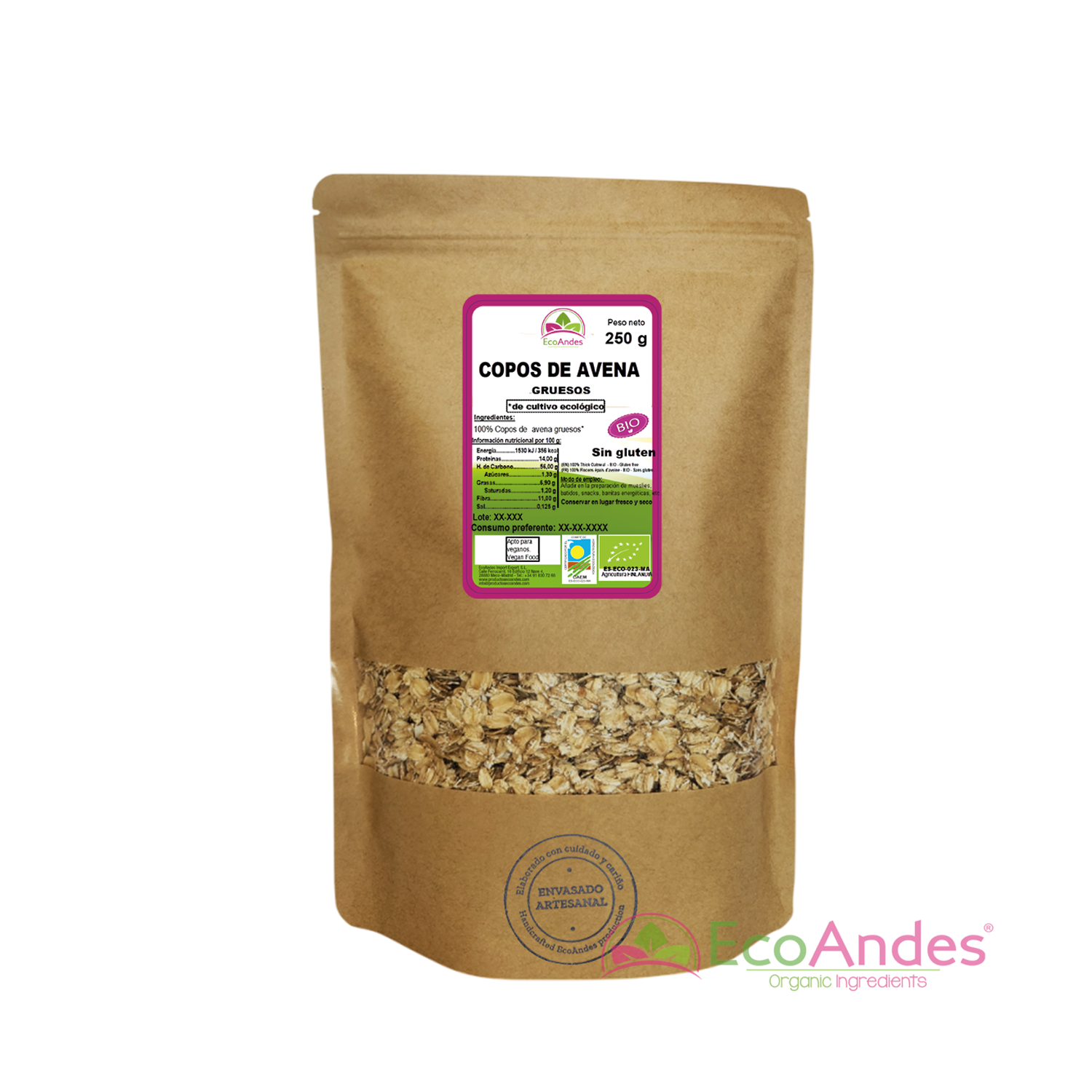 Bolsa de 250 g Copos de avena gruesos de la marca EcoAndes. El envase es de papel kraft con ventana transparente que muestra el contenido, etiqueta frontal con información nutricional, certificaciones ecológicas, sin gluten y sello de "envasado artesanal".