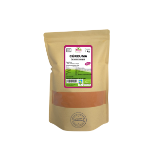 Bolsa de 1kg de Curcuma en polvo de la marca EcoAndes. El envase es de papel kraft con ventana transparente que muestra el contenido, etiqueta frontal con información nutricional, certificaciones ecológicas, sin gluten y sello de "envasado artesanal".