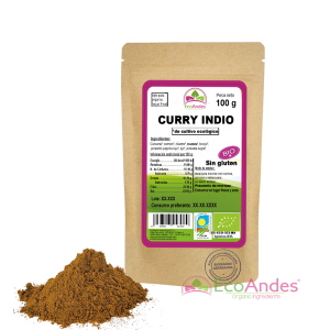 Bolsa de 100g de Curry indio en polvo de la marca EcoAndes. El envase es de papel kraft con ventana transparente que muestra el contenido, etiqueta frontal con información nutricional, certificaciones ecológicas, sin gluten y sello de "envasado artesanal".