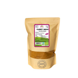 Bolsa de 1kg de Curry indio en polvo de la marca EcoAndes. El envase es de papel kraft con ventana transparente que muestra el contenido, etiqueta frontal con información nutricional, certificaciones ecológicas, sin gluten y sello de "envasado artesanal".