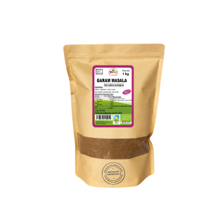 Bolsa de 1kg de Garam masala de la marca EcoAndes. El envase es de papel kraft con ventana transparente que muestra el contenido, etiqueta frontal con información nutricional, certificaciones ecológicas, sin gluten y sello de "envasado artesanal".