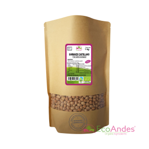 Bolsa de 1kg con contenido de Garbanzo castellano de la marca EcoAndes. El envase es de papel kraft con ventana transparente que muestra el contenido, etiqueta frontal con información nutricional, certificaciones ecológicas, sin gluten y sello de "envasado artesanal".
