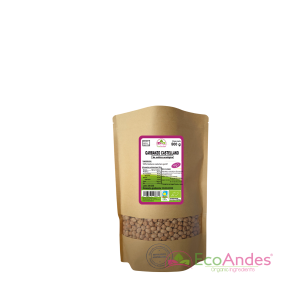 Bolsa de 500g con contenido de Garbanzo castellano de la marca EcoAndes. El envase es de papel kraft con ventana transparente que muestra el contenido, etiqueta frontal con información nutricional, certificaciones ecológicas, sin gluten y sello de "envasado artesanal".