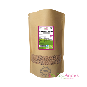 Bolsa de 1kg con contenido de Garbanzo Lechoso de la marca EcoAndes. El envase es de papel kraft con ventana transparente que muestra el contenido, etiqueta frontal con información nutricional, certificaciones ecológicas, sin gluten y sello de "envasado artesanal".