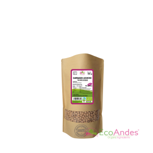 Bolsa de 500g con contenido de Garbanzo Lechoso de la marca EcoAndes. El envase es de papel kraft con ventana transparente que muestra el contenido, etiqueta frontal con información nutricional, certificaciones ecológicas, sin gluten y sello de "envasado artesanal".