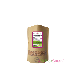 Bolsa de 500g con contenido de Garbanzo pedrosillano de la marca EcoAndes. El envase es de papel kraft con ventana transparente que muestra el contenido, etiqueta frontal con información nutricional, certificaciones ecológicas, sin gluten y sello de "envasado artesanal".