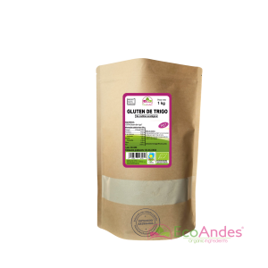 Bolsa de 1kg con contenido de Gluten de trigo de la marca EcoAndes. El envase es de papel kraft con ventana transparente que muestra el contenido, etiqueta frontal con información nutricional, certificaciones ecológicas, sin gluten y sello de "envasado artesanal".