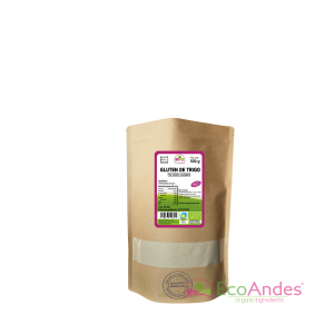 Bolsa de 500g con contenido de Gluten de trigo de la marca EcoAndes. El envase es de papel kraft con ventana transparente que muestra el contenido, etiqueta frontal con información nutricional, certificaciones ecológicas, sin gluten y sello de "envasado artesanal".