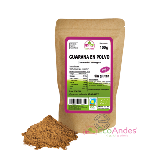 Bolsa de 100g de Guaraná en polvo de la marca EcoAndes. El envase es de papel kraft con ventana transparente que muestra el contenido, etiqueta frontal con información nutricional, certificaciones ecológicas, sin gluten y sello de "envasado artesanal".