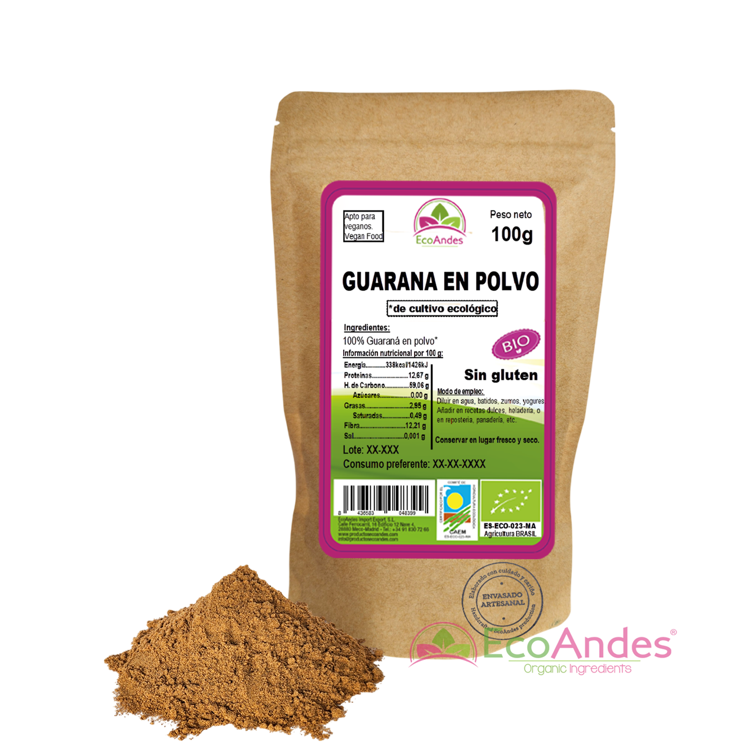 Bolsa de 100g de Guaraná en polvo de la marca EcoAndes. El envase es de papel kraft con ventana transparente que muestra el contenido, etiqueta frontal con información nutricional, certificaciones ecológicas, sin gluten y sello de "envasado artesanal".
